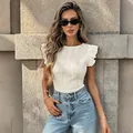 Elegant white textured knit T-shirt for women featuring stylish ruffle flying sleeves - S / Tops / Apricot