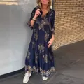 Bohemian floral V-neck long sleeve maxi dress in navy blue with vintage gold print - S / Dresses / Dark Blue