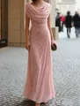 Elegant pink draped neck evening gown with pleated waist detail for formal parties. - Pink