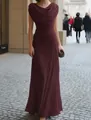 Detailed view of the elegant wine red evening gown with pleated waist and cowl neck - Burgundy