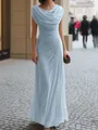 Elegant light blue long evening dress featuring cowl neck and pleated waist details - S / Dresses / Sky Blue