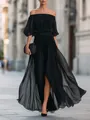 Elegant off-the-shoulder black pleated chiffon maxi dress with high slit detail. - S / Dresses / Black