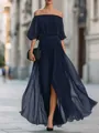 Elegant navy blue off-shoulder pleated chiffon maxi dress showing fabric texture - S / Dresses / Navy Blue