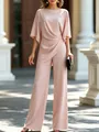 Elegante completo due pezzi con camicetta drappeggiata rosa e pantaloni larghi - Rosa