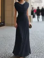 Detail showing the elegant dark navy cowl neck evening dress with waist pleated draping - Navy Blue