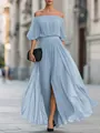 Elegant light blue off-the-shoulder pleated chiffon maxi dress with a side slit detail. - S / Dresses / Sky Blue