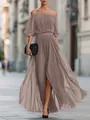 Elegant off-the-shoulder pleated chiffon maxi dress in mauve for summer evening events. - S / Dresses / Khaki