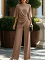 Elegante completo due pezzi kaki con top drappeggiato e pantaloni a gamba larga - Marrone chiaro
