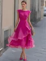 Elegante abito midi in tulle magenta con balze perfetto per feste ed eventi serali formali - Taglia S / Vestiti / Rosso rosa