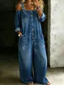 Elegante mono vaquero con hombros descubiertos, botones y pernera ancha en azul - S / Azul marino