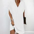 Robe courte blanche élégante à col en V et manches chauve-souris plissées - Blanc