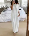 Elegant women's casual white short sleeve oversized maxi dress with functional pockets - S / Dresses / White