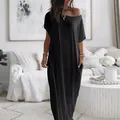 Women's casual black short-sleeve maxi dress with side pockets for summer wear - S / Dresses / Black