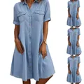 Classic light blue plus size denim shirt dress with short sleeves and front pockets - S / Dresses / Light Blue