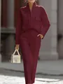 Elegante conjunto burdeos de dos piezas para mujer con top de bolsillos y pantalón a juego. - XS / Top Y Pantalón / Burdeos