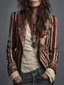 Bohemian striped blazer with floral lapels and vintage brass buttons in variant style - S / Tops / Red