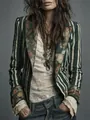 Vintage bohemian striped blazer featuring floral lapels and lace details for women - S / Tops / Green