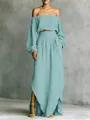 Elegant dusty blue off-shoulder crop top and irregular long skirt set for women - XS / Top And Bottom / Blue