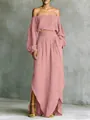 Stylish pink linen two-piece set featuring off-shoulder crop top and irregular skirt - XS / Top And Bottom / Pink