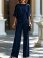 Elegante completo due pezzi blu navy con top drappeggiato e pantaloni a gamba larga - Blu navy