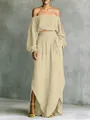 Elegant beige off-the-shoulder long sleeve crop top and irregular hem maxi skirt set - Apricot