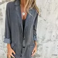 Blazer vaquero gris lavado casual de solapa ancha para un estilo de otoño urbano chic - Gris