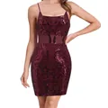 Detail of burgundy sequin mini dress with spaghetti straps and sheer waist mesh - XS / Dresses / Burgundy