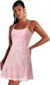 Detailed view of an elegant pink sequin mini dress with spaghetti straps for cocktail parties. - S / Dresses / Pink