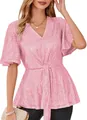 Close-up of pink sequined V-neck top with elegant flutter sleeves for party wear - Pink