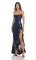 Elegantes marineblaues Pailletten-Ballkleid mit Spaghettiträgern und hohem Schlitz - S / Kleid (RY436) / Dunkelblau