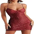 Close-up of sexy red sequined bodycon dress with spaghetti straps and V-neckline. - XS / Dresses / Burgundy