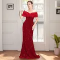 Elegante vestido de noche rojo con lentejuelas y hombros descubiertos sirena - S / Vestidos / Burdeos