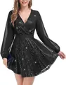 Elegant black sequined mini party dress featuring sheer chiffon long sleeves and V-neck - S / Dresses / Black