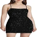 Close-up of black sequin velvet bodycon mini dress with thin straps for party wear. - S / Dresses / Black