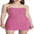 Detail shot of the shimmering pink sequined fabric on a slim-fit bodycon mini dress. - S / Dresses / Pink