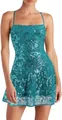 Dettaglio mini abito verde acqua con intricati motivi floreali in paillettes argento - Blu-Verde