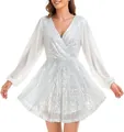 Elegant women's white sequin mini dress featuring a V-neck and long sheer chiffon sleeves - S / Dresses / White