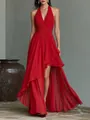 Full-length view of an elegant red chiffon halter evening dress with a ruffled hem - S / Dresses / Red