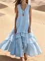 Sleeveless light blue cotton linen maxi dress with ruffled hem in desert scenery - S / Dresses / Sky Blue