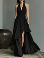Elegant black chiffon halter evening gown with a flowing high-low layered hemline. - S / Dresses / Black