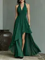 Elegant dark green chiffon evening dress with halter V-neck and high-low asymmetrical hem - Dark Green
