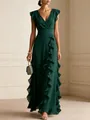 Elegant dark green V-neck chiffon evening gown with ruffle details and flutter sleeves - Dark Green