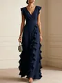 Elegant navy blue V-neck ruffled chiffon evening dress for formal events and gala nights. - Navy Blue