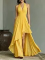 Elegant yellow chiffon evening gown with halter neck and high-low ruffled hem details - S / Dresses / Yellow