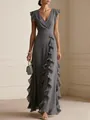 Elegant full-length grey chiffon evening dress featuring side ruffles and a V-neckline - Graphite