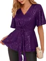 Women's purple sequin party blouse featuring a stylish V-neck and flare sleeves - S / Tops / Purple