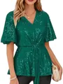 Elegant green sequined V-neck top with short flared sleeves for evening party wear - S / Tops / Dark Green