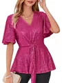 Sparkly pink sequined V-neck top with flare sleeves and elegant tie waist for evening - S / Tops / Rose Red