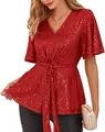Elegant red sequin V-neck top with flare sleeves for women's party evening wear - Red