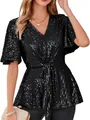 Elegant black v-neck sequin top with short flare sleeves for evening party events - Black